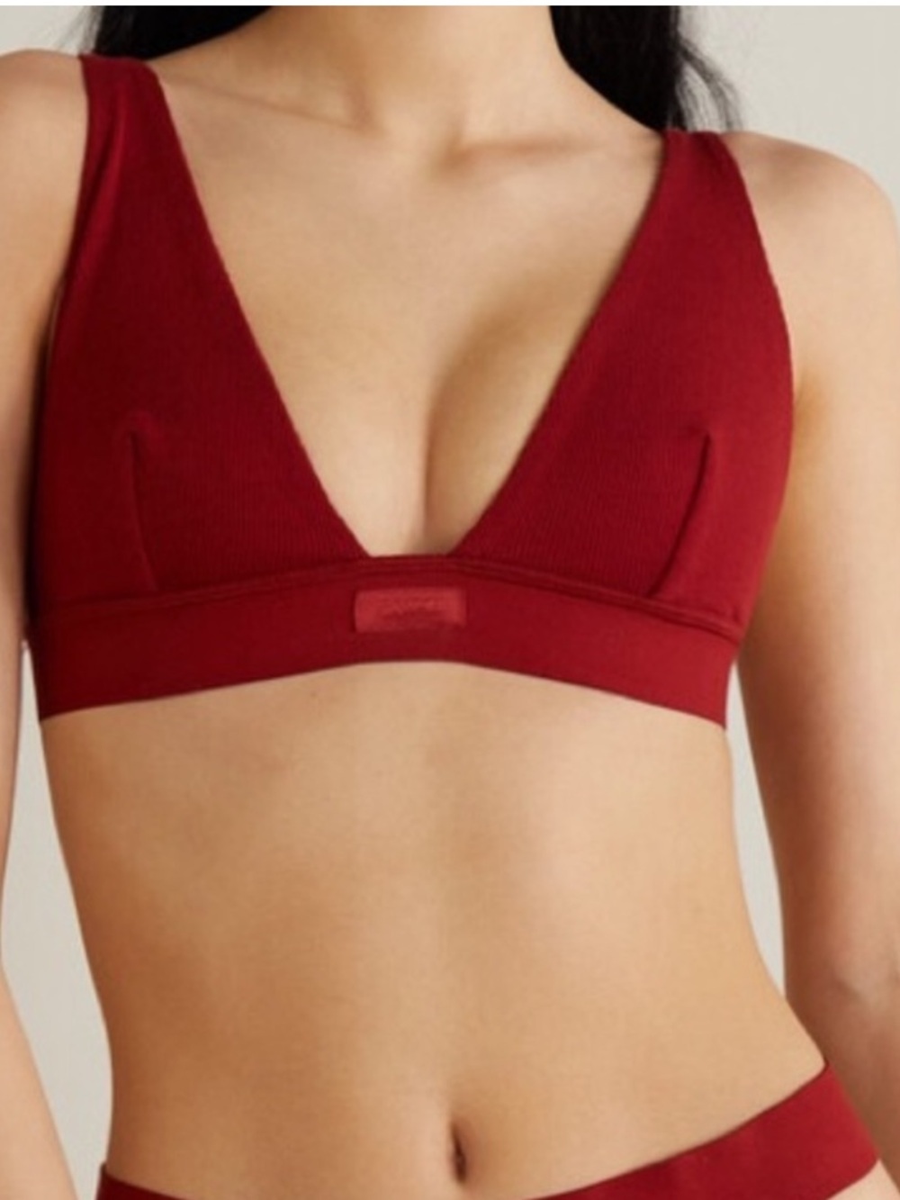 SKIMS Cotton Plunge Bralette Bra Red Ribbed size xs